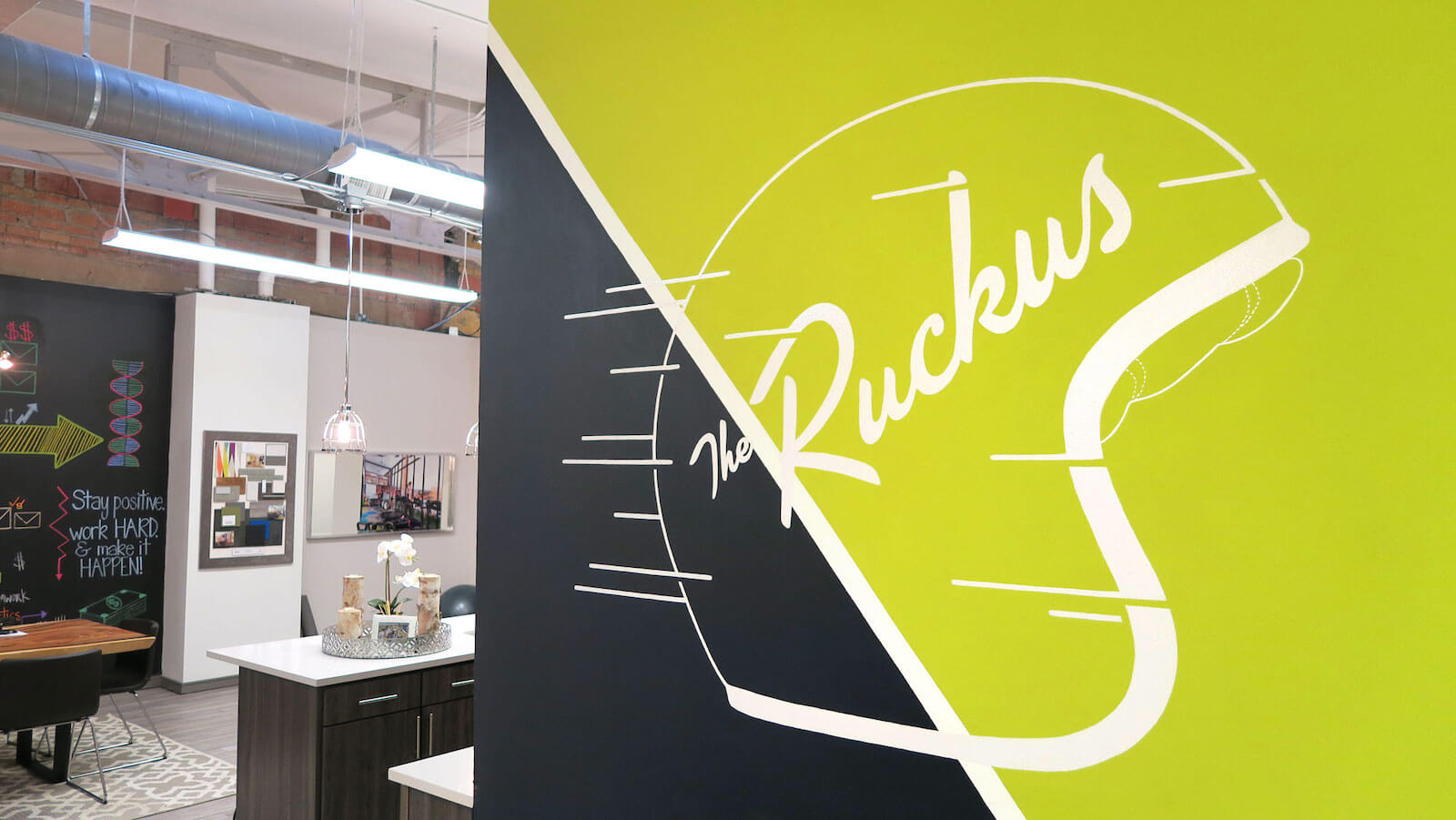The Ruckus logo and branding at headquarters