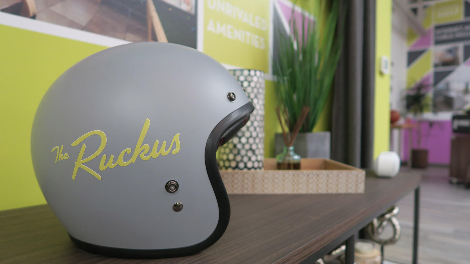 The Ruckus logo and branding on motorcycle helmet